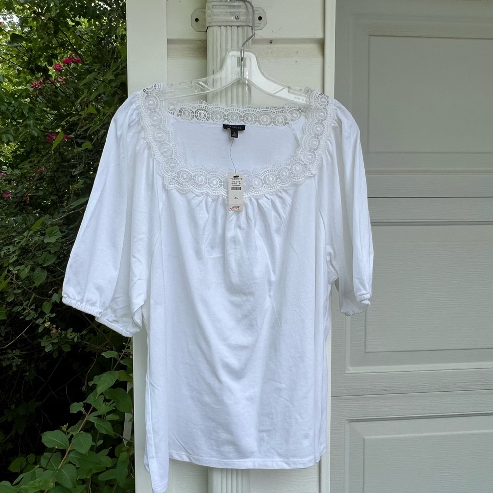 NWT Talbots Pretty White Lace Trim Square Neck Short Sleeve Top